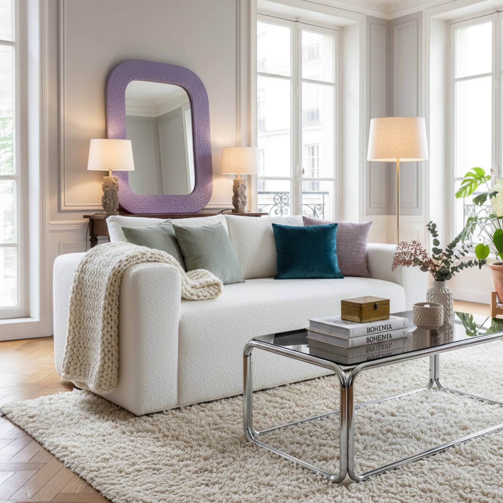 Sofá 2 plazas en tejido de rizo con cojínes