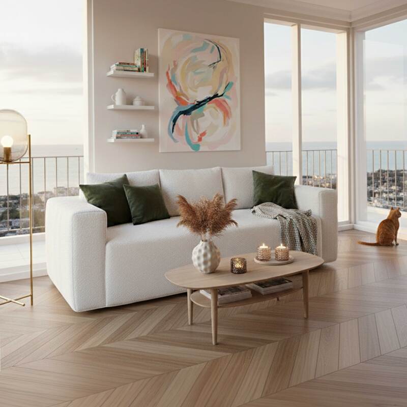 Sofá de 3 plazas en tejido de rizo con cojines