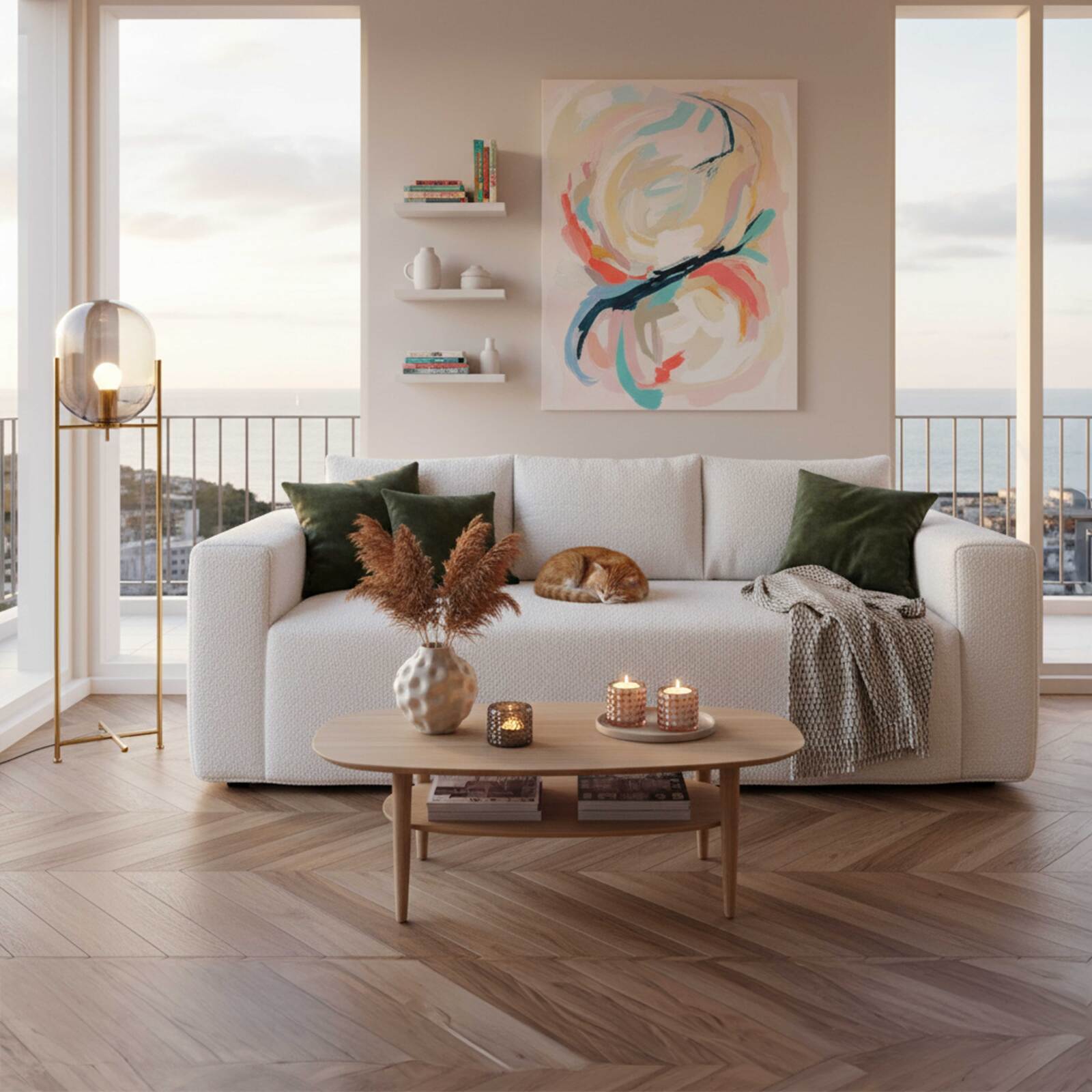 Sofá de 3 plazas en tejido de rizo con cojines