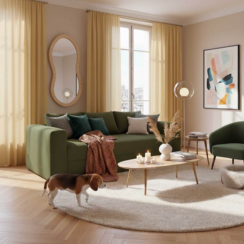 Sofá de 3 plazas en tejido de rizo con cojines