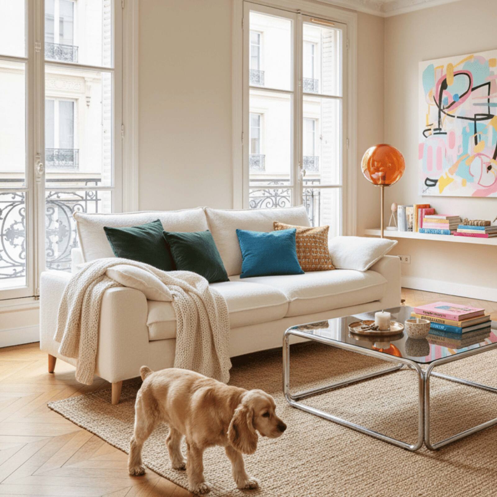 Sofá de 3 plazas de tejido bouclette crema desenfundable con cojines