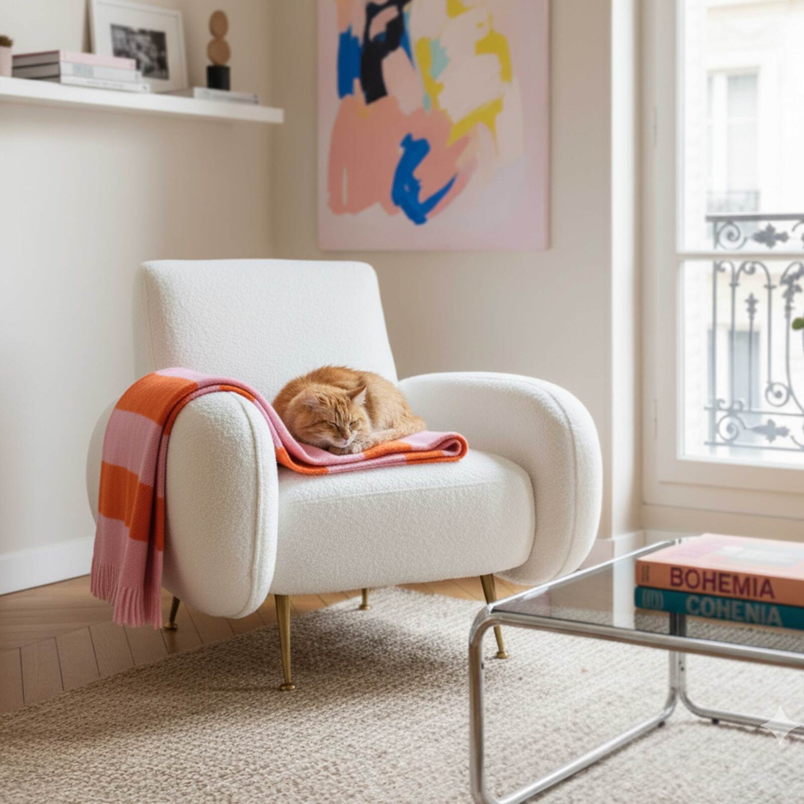 Sillón vintage de tela de bucle y madera FSC®