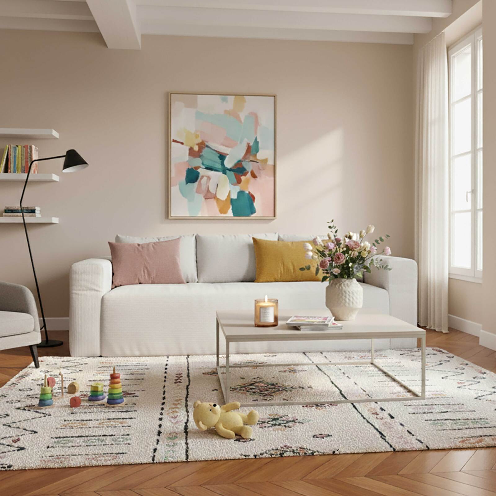 Sofá de 3 plazas en tejido acanalado con cojínes