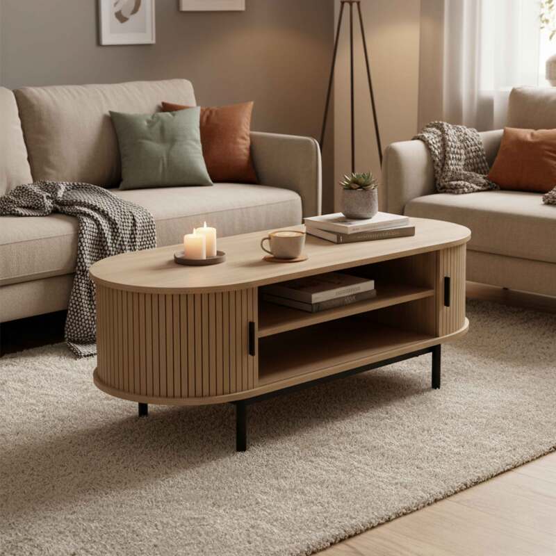 Mesa de centro de metal y efecto madera ovalada 120x55 cm estilo escandinavo