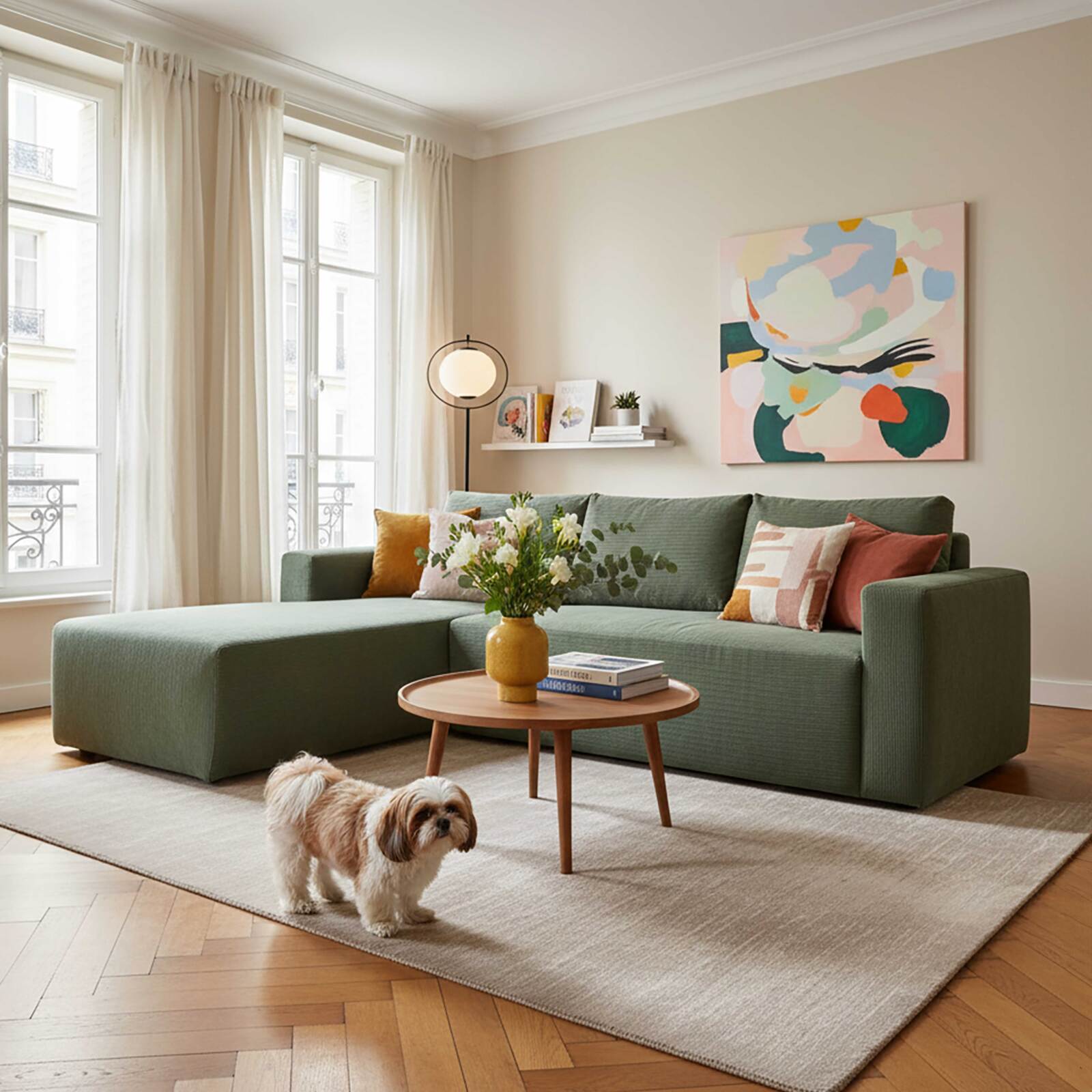 Sofá esquinero de 4 plazas en tejido de acanalado con chaise longue izquierda y cojines