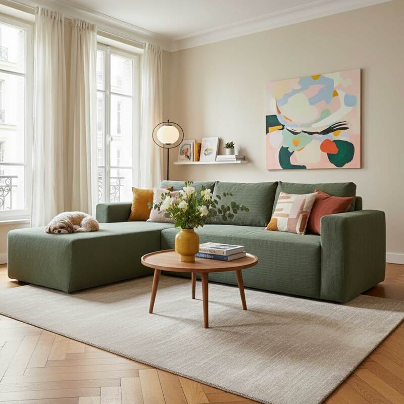 Sofá esquinero de 4 plazas en tejido de acanalado con chaise longue izquierda y cojines (6/7)