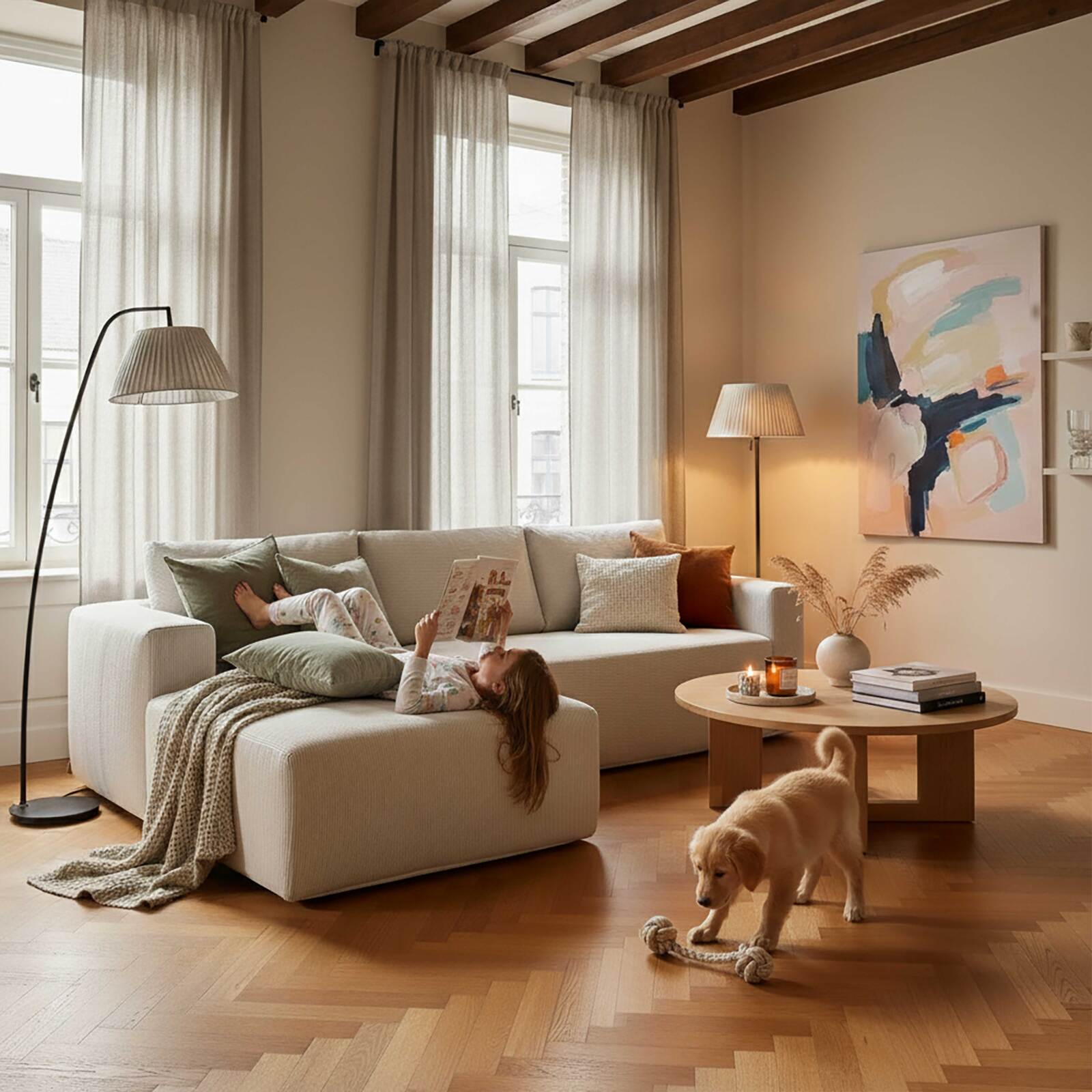 Sofá esquinero de 4 plazas en tejido de acanalado con chaise longue izquierda y cojines