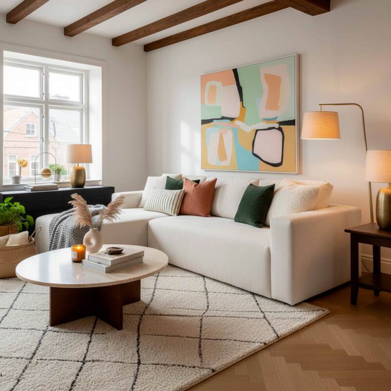 Sofá esquinero de 4 plazas en tejido de acanalado con chaise longue izquierda y cojines