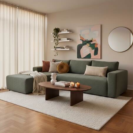 Sofá esquinero de 4 plazas en tejido de rizo con chaise longue izquierda y cojines