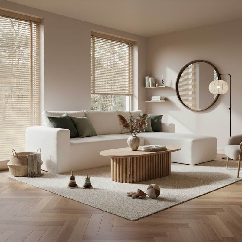 Sofá esquinero 4 plazas en tejido de rizo con chaise longue derecha y cojines