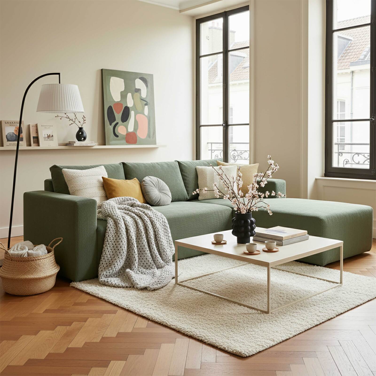 Sofá esquinero de 4 plazas en tejido de acanalado con chaise longue derecha y cojines Sofá esquinero de 4 plazas en tejido de acanalado con chaise longue derecha y cojines