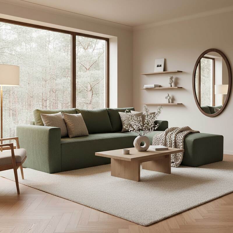 Sofá esquinero de 4 plazas en tejido de acanalado con chaise longue derecha y cojines