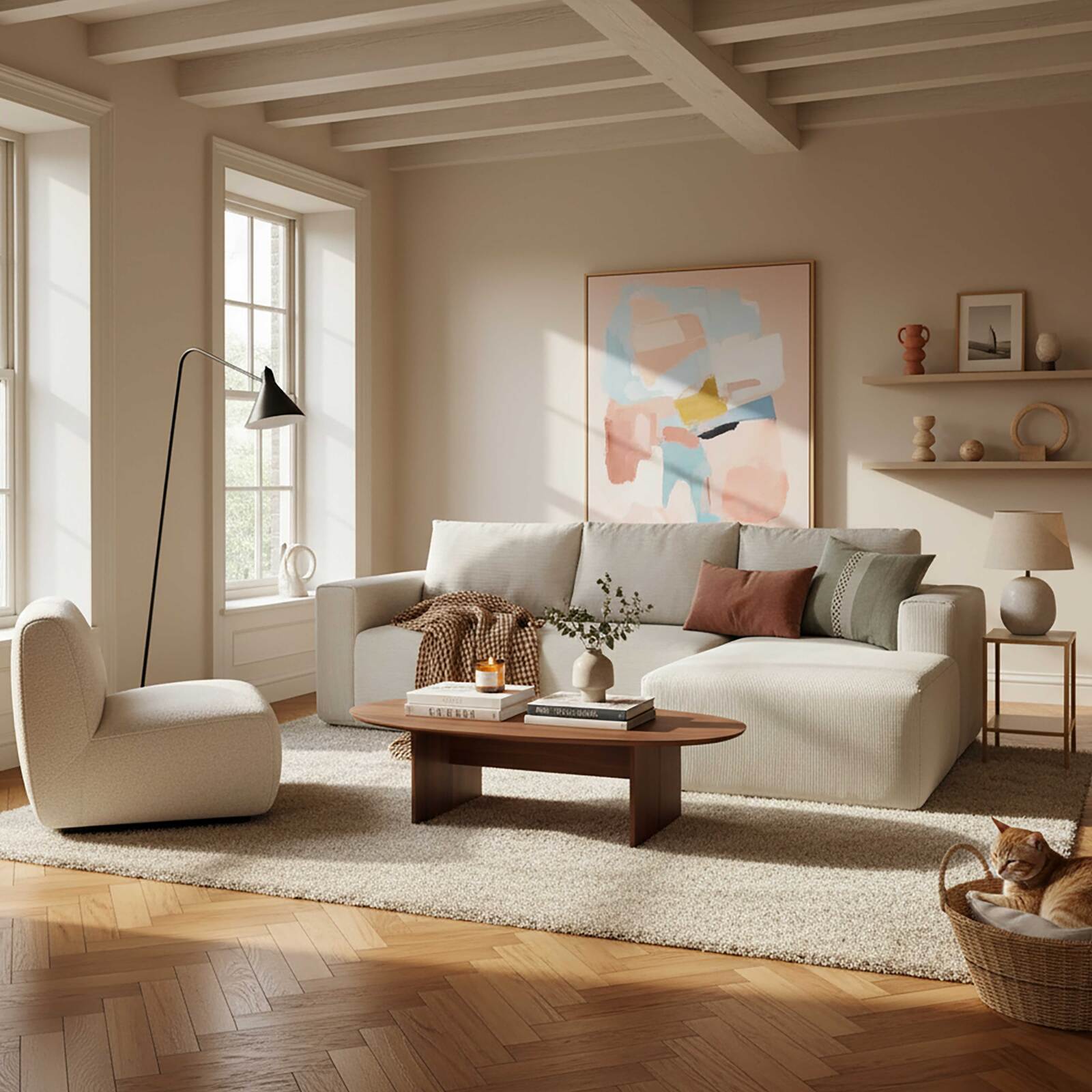 Sofá esquinero de 4 plazas en tejido de acanalado con chaise longue derecha y cojines