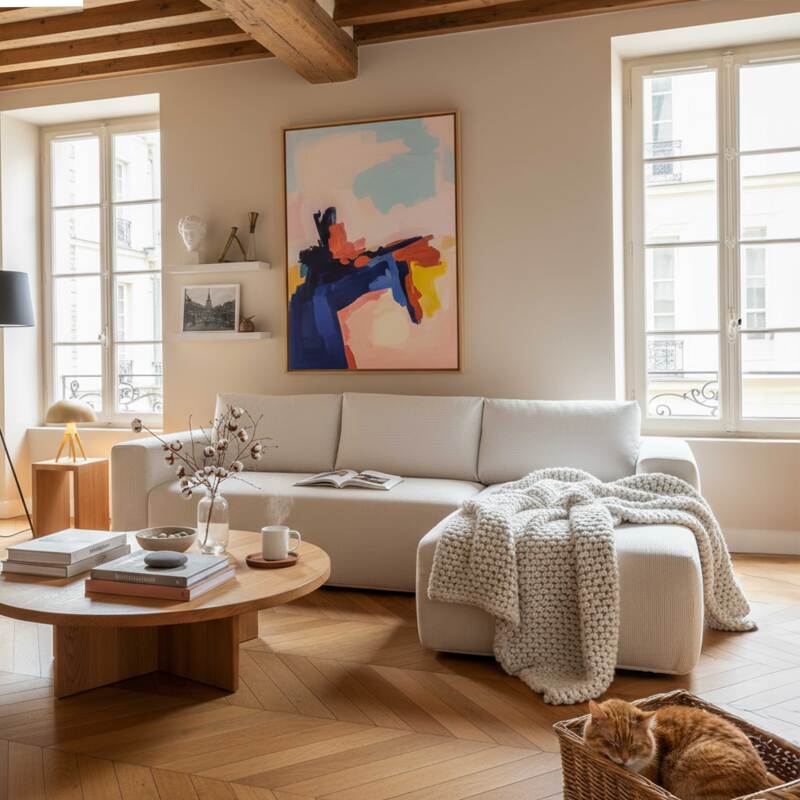 Sofá esquinero de 4 plazas en tejido de acanalado con chaise longue derecha y cojines