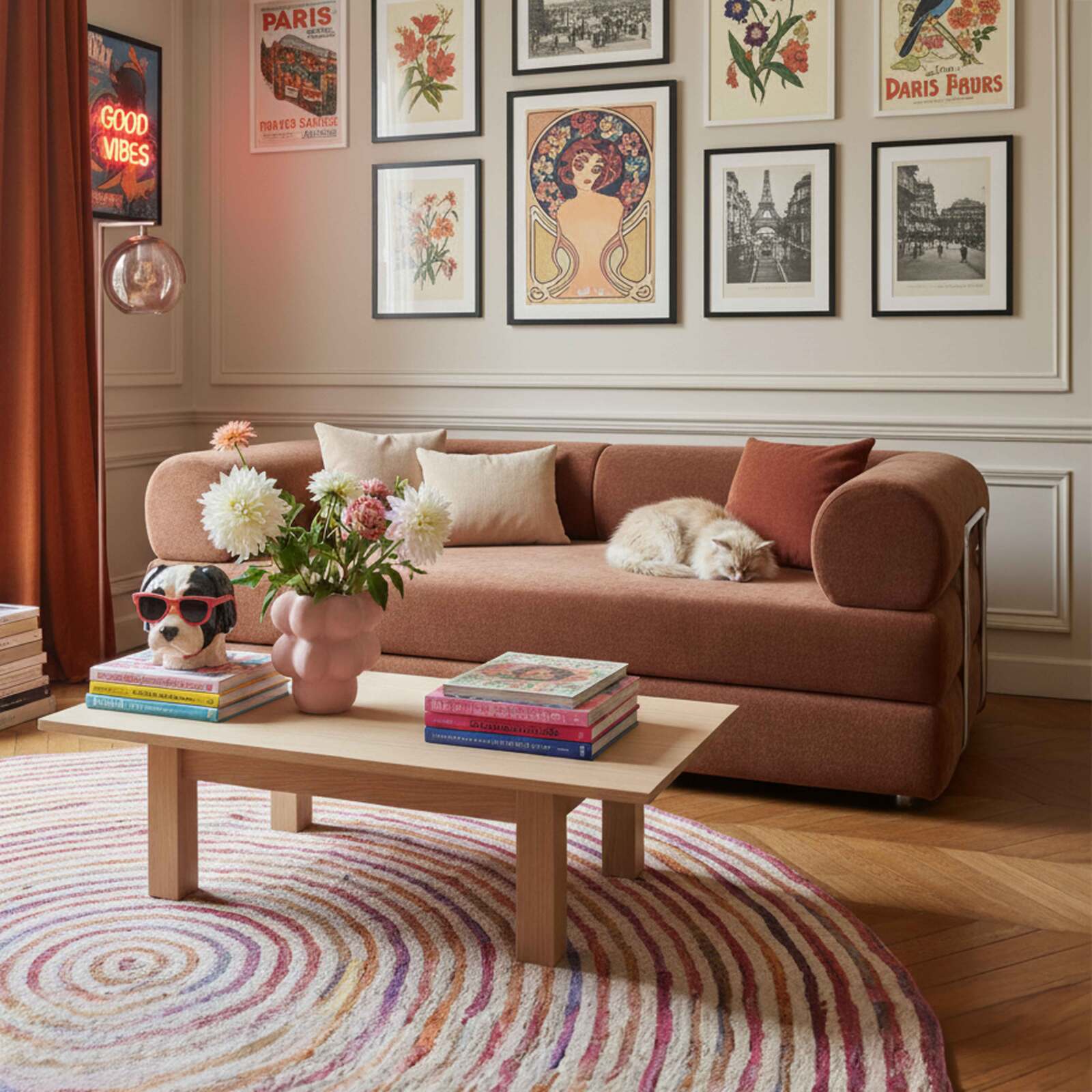 Sofá cama 2 plazas de tela con cojines