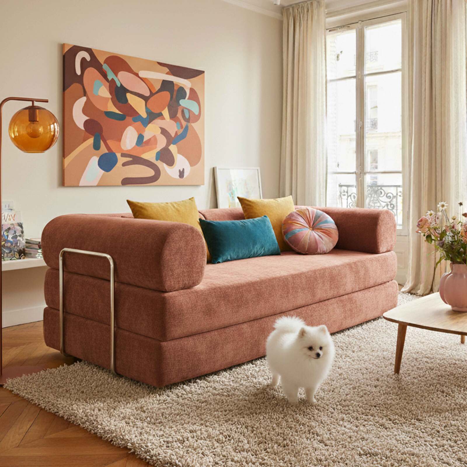 Sofá cama 2 plazas de tela con cojines