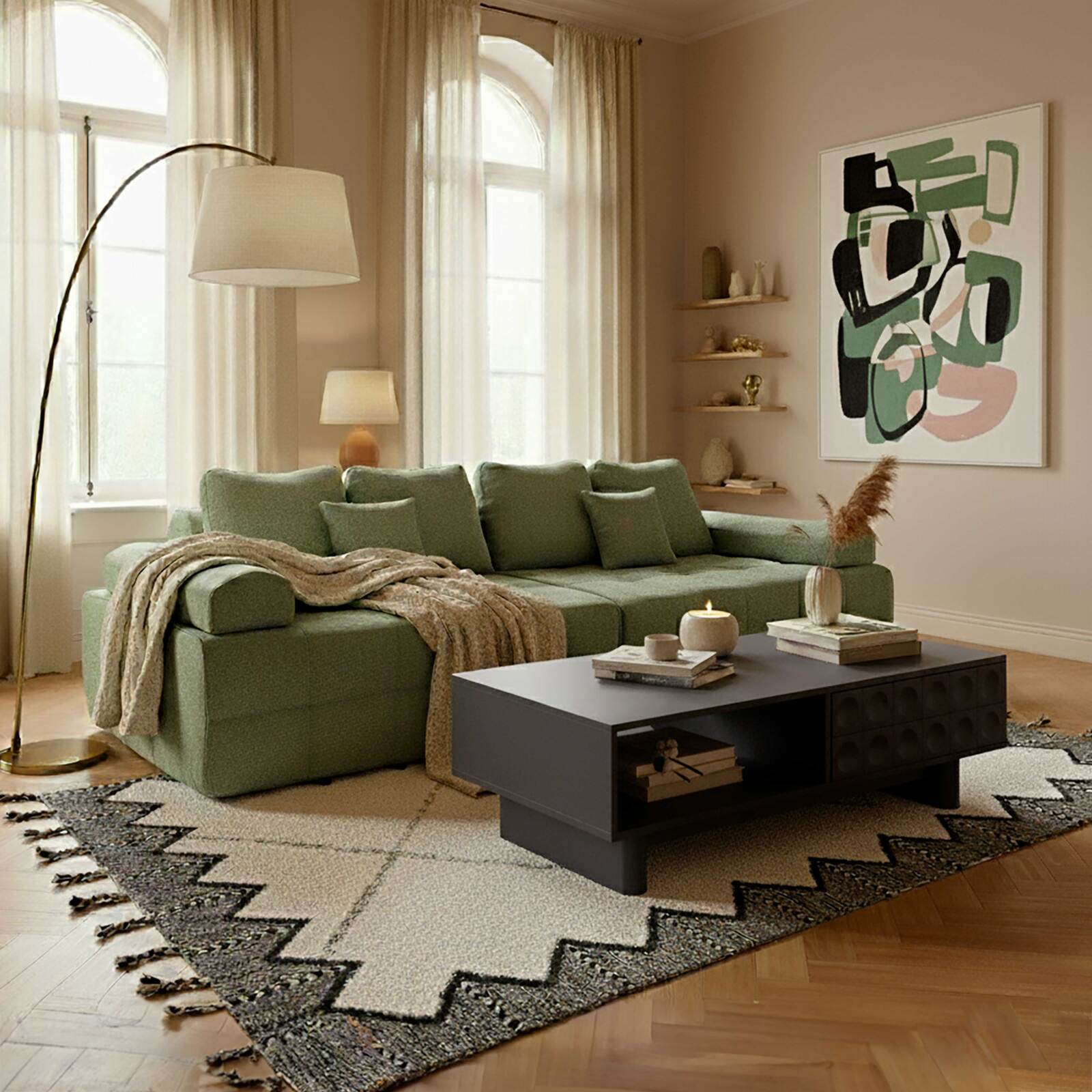 Sofá de 4 plazas de tela con cojines