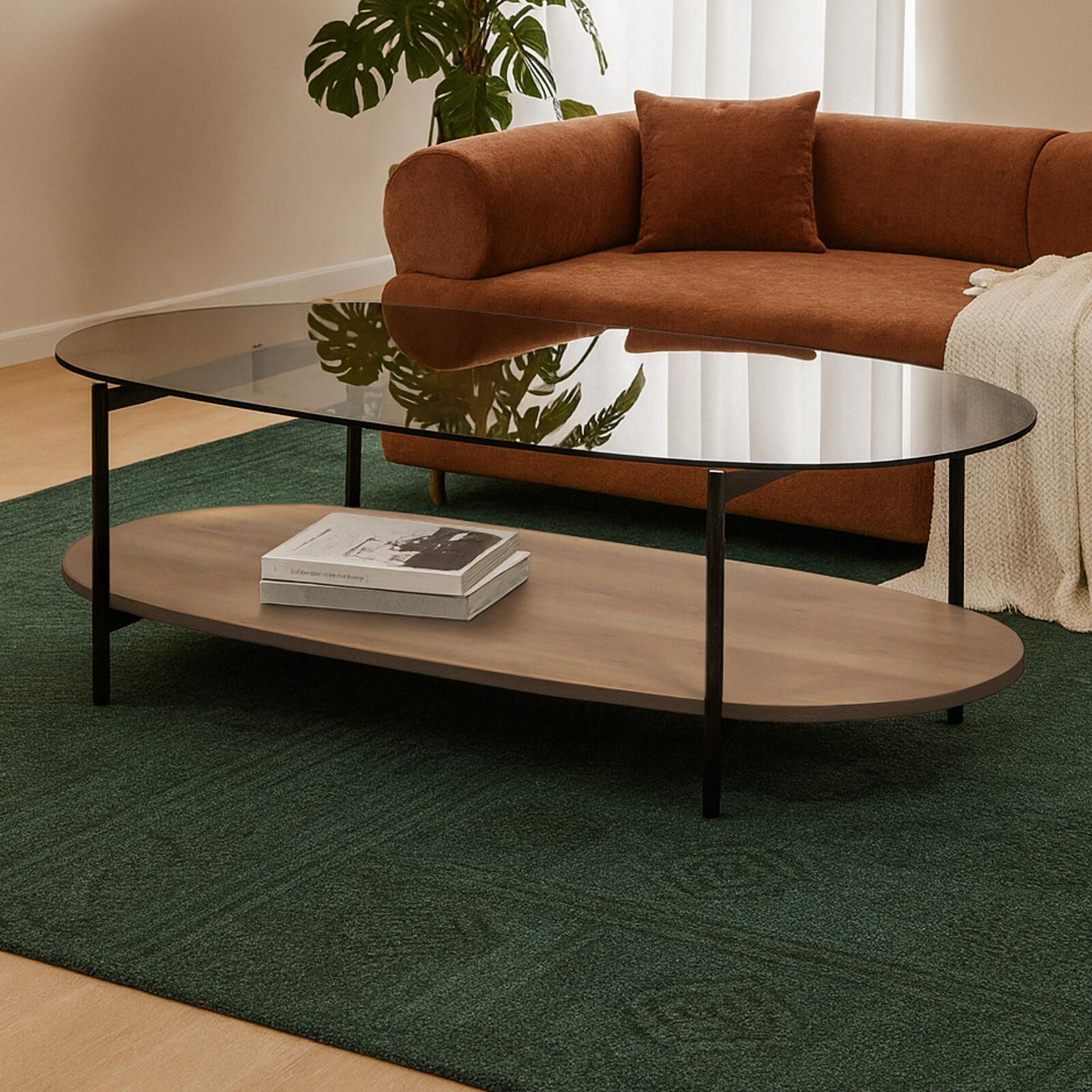 Mesa de centro de cristal y efecto madera ovalada 120 x 55 x 40 cm Mesa de centro de cristal y efecto madera ovalada 120 x 55 x 40 cm