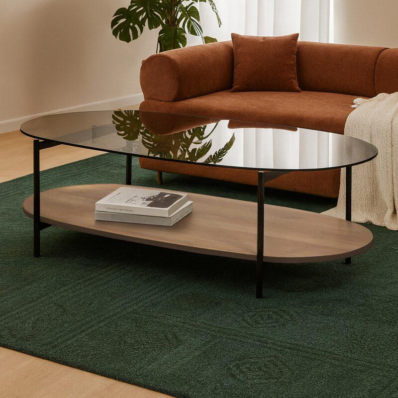 Mesa de centro de cristal y efecto madera ovalada 120 x 55 x 40 cm