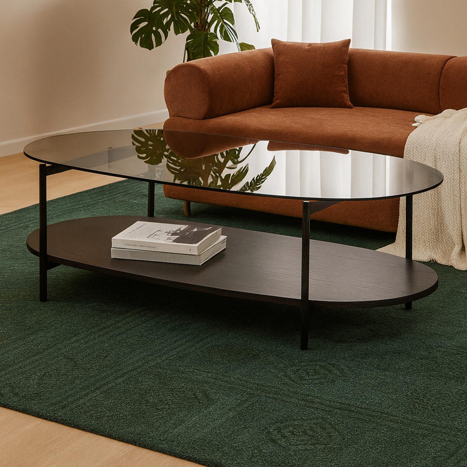 Mesa de centro de cristal y efecto madera ovalada 120 x 55 x 40 cm