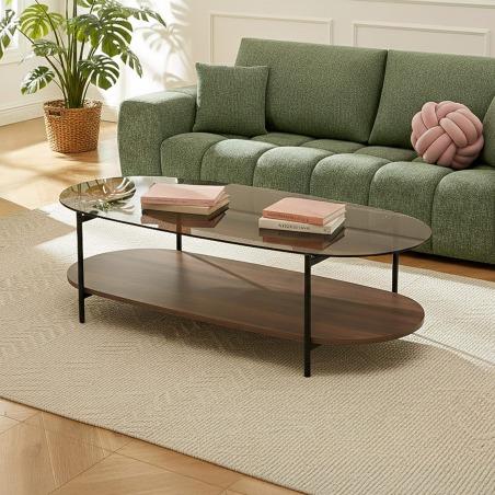Mesa de centro de cristal y efecto madera oscura ovalada 120 x 55 x 40 cm