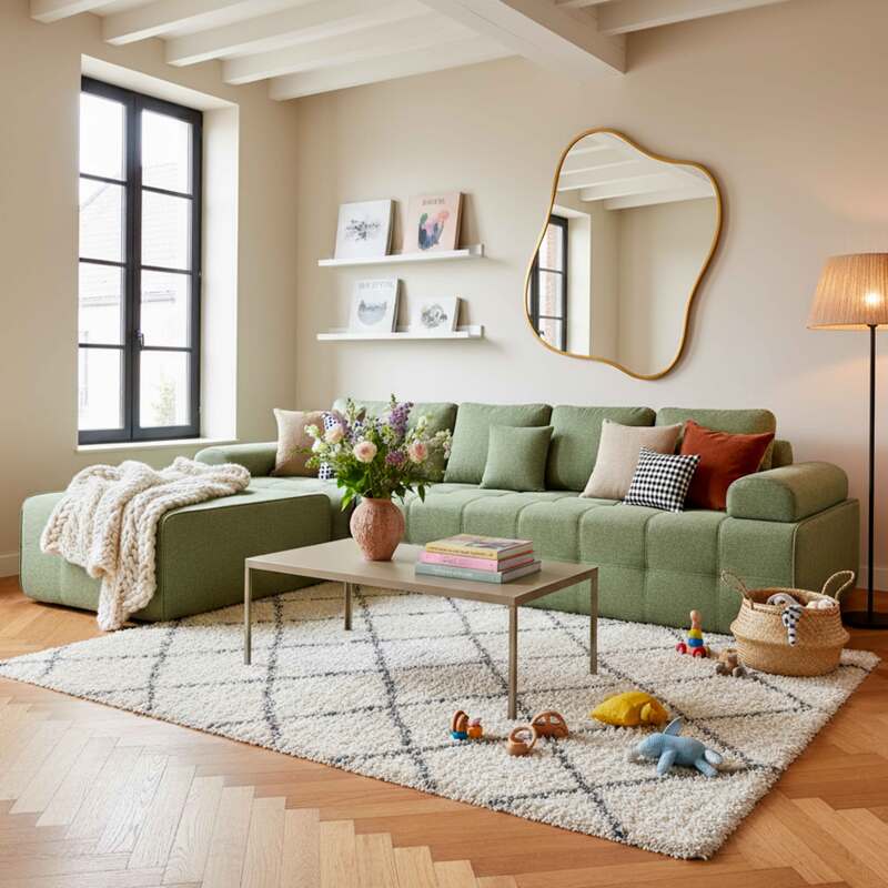 Sofá modular de 4 plazas de tela con puf y cojines