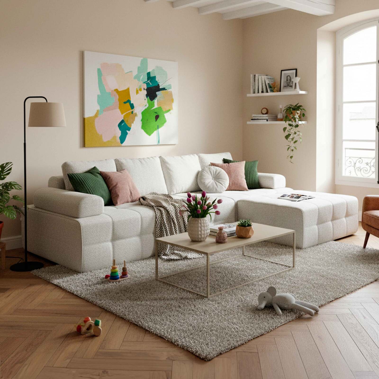 Sofá modular de 4 plazas de tela con puf y cojines