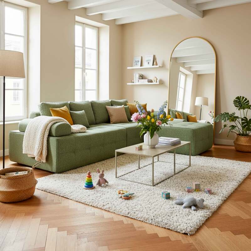 Sofá modular de 4 plazas de tela con puf y cojines