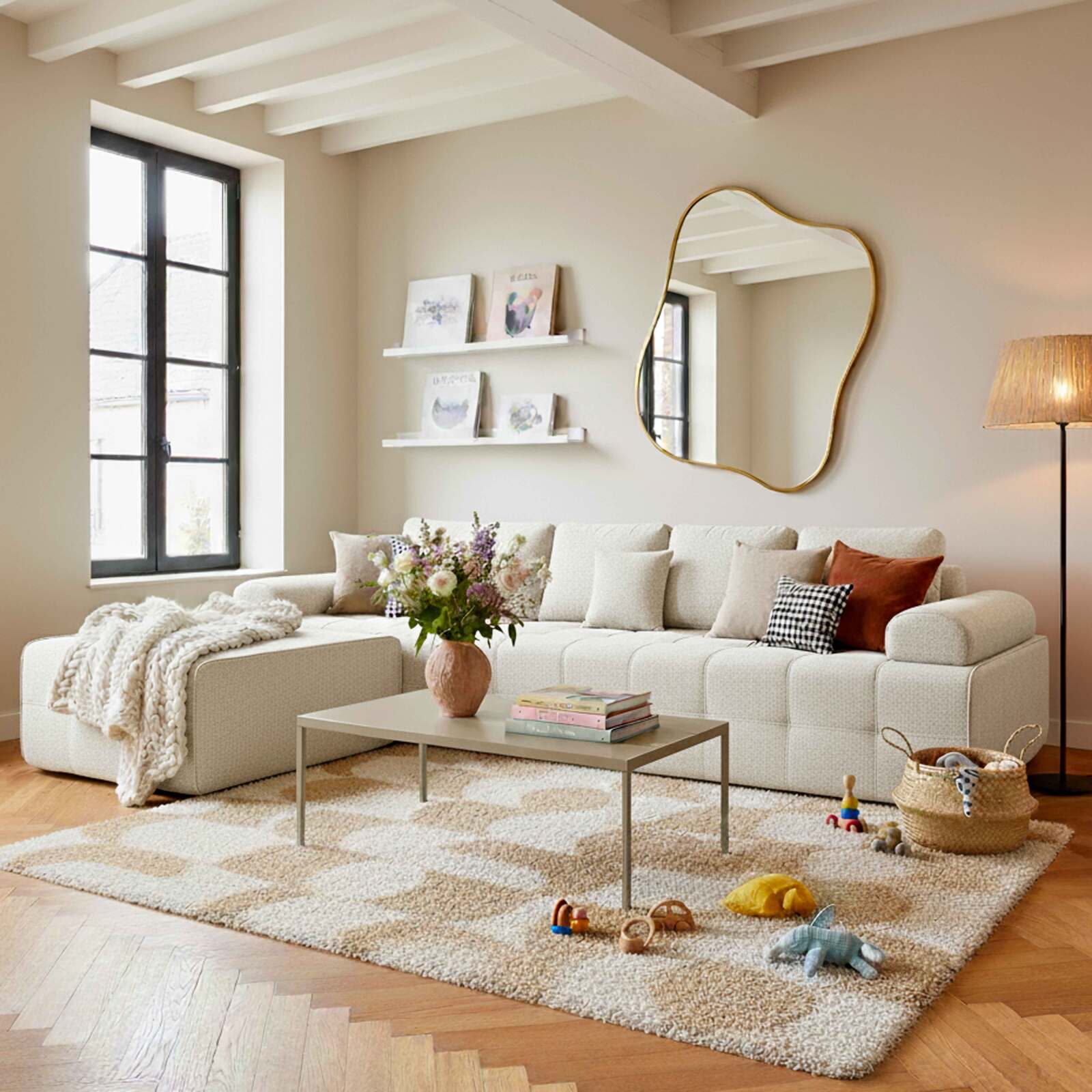 Sofá modular de 4 plazas de tela con puf y cojines