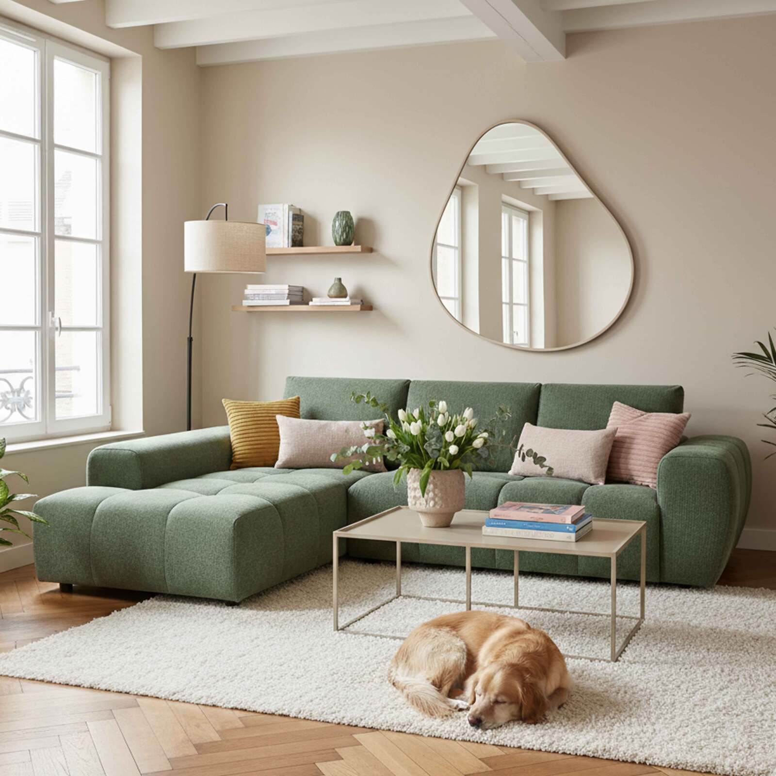 Sofá esquinero de 3 plazas de tela con chaise longue izquierda y cojines