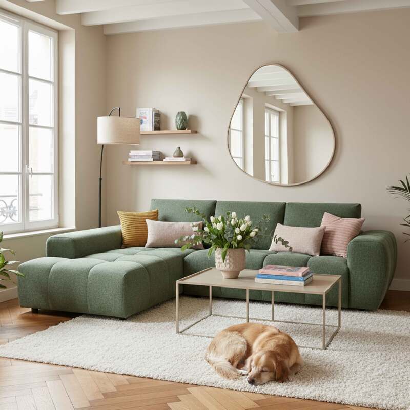 Sofá esquinero de 3 plazas de tela con chaise longue izquierda y cojines