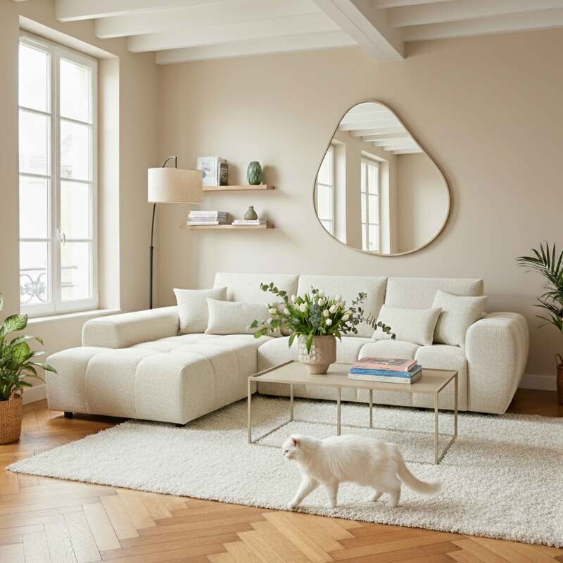 Sofá esquinero de 3 plazas de tela con chaise longue izquierda y cojines