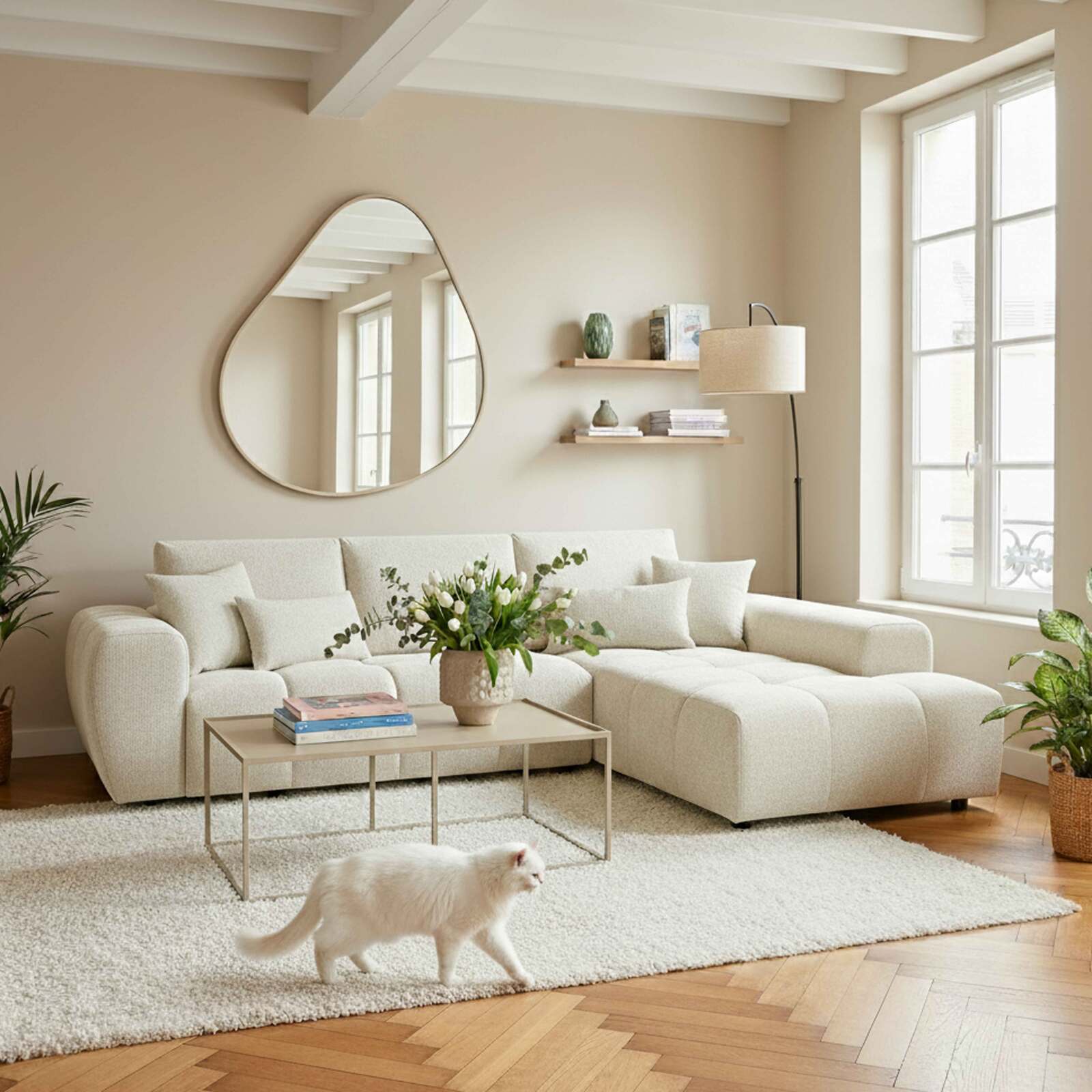 Sofá esquinero de 3 plazas de tela con chaise longue derecha y cojines