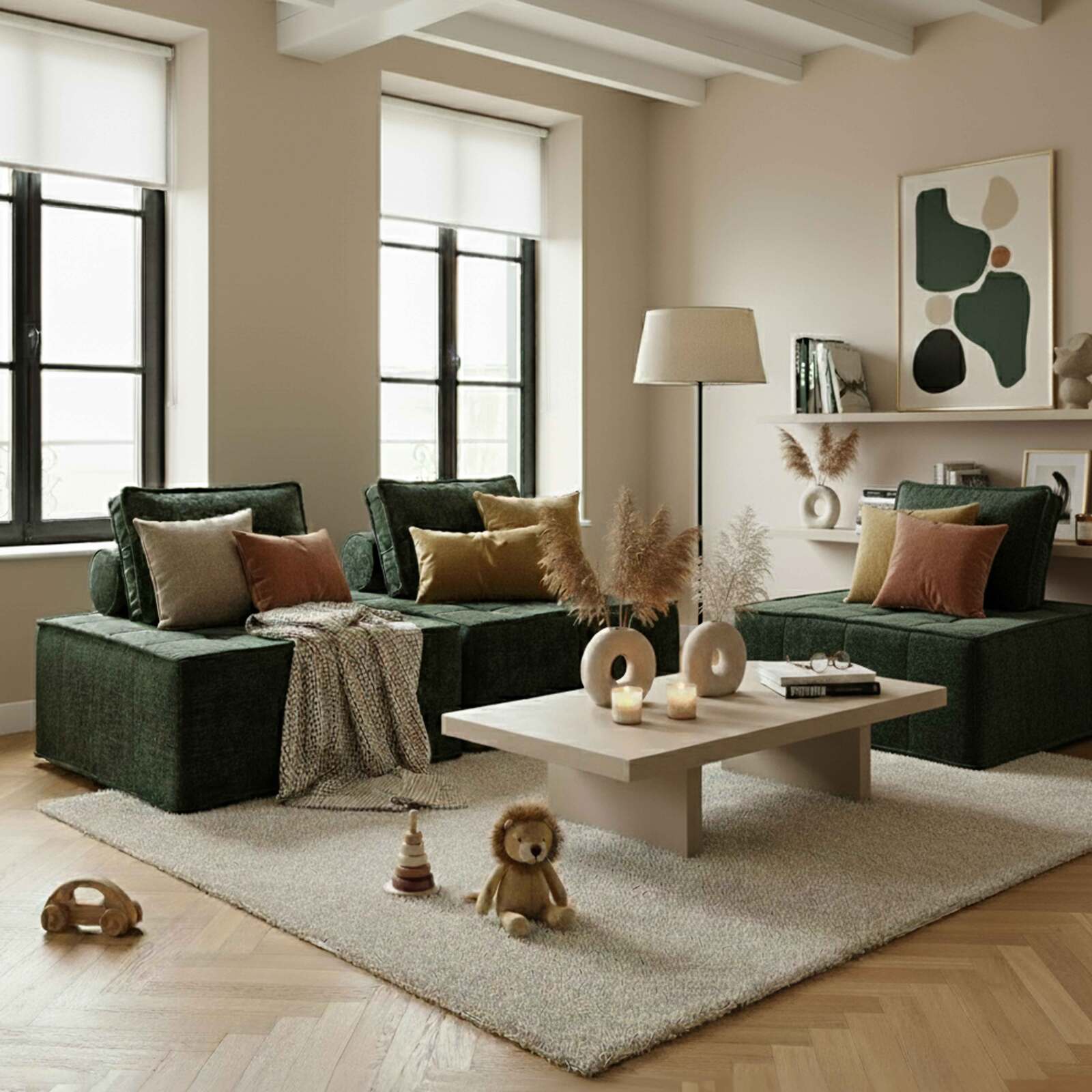 Sofá modular de 3 plazas de tela con cojines