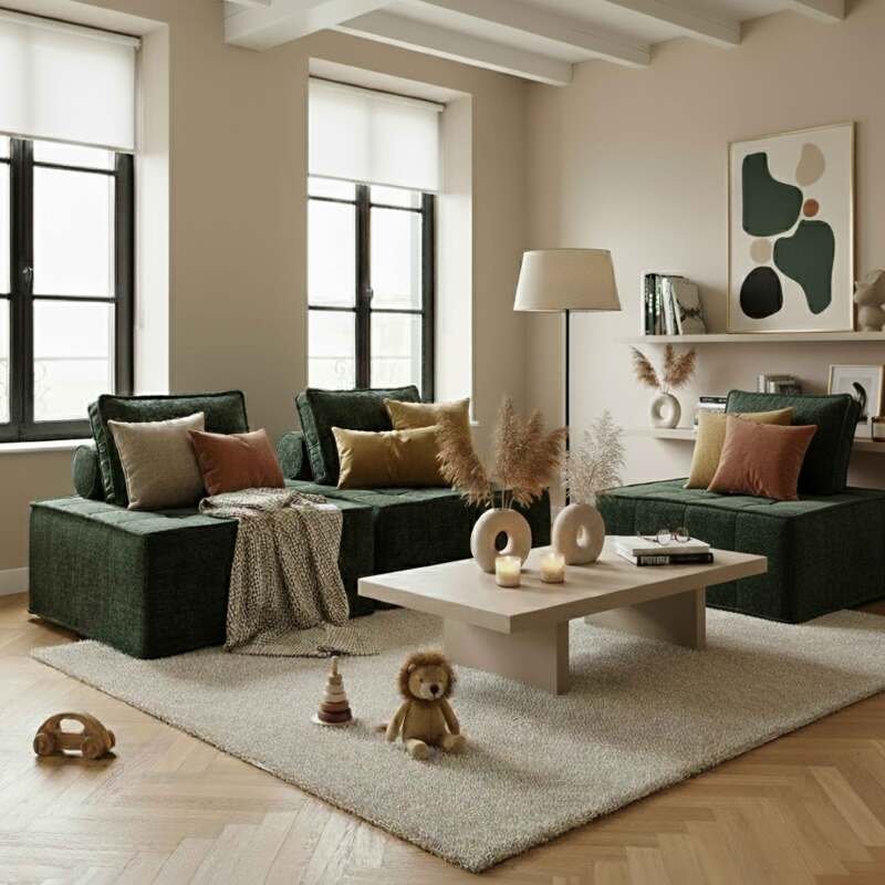 Sofá modular de 3 plazas de tela con cojines