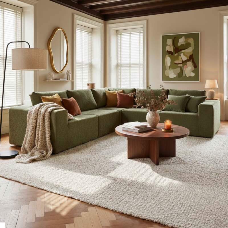 Sofá modular esquinero de 5 plazas de tela con cojines