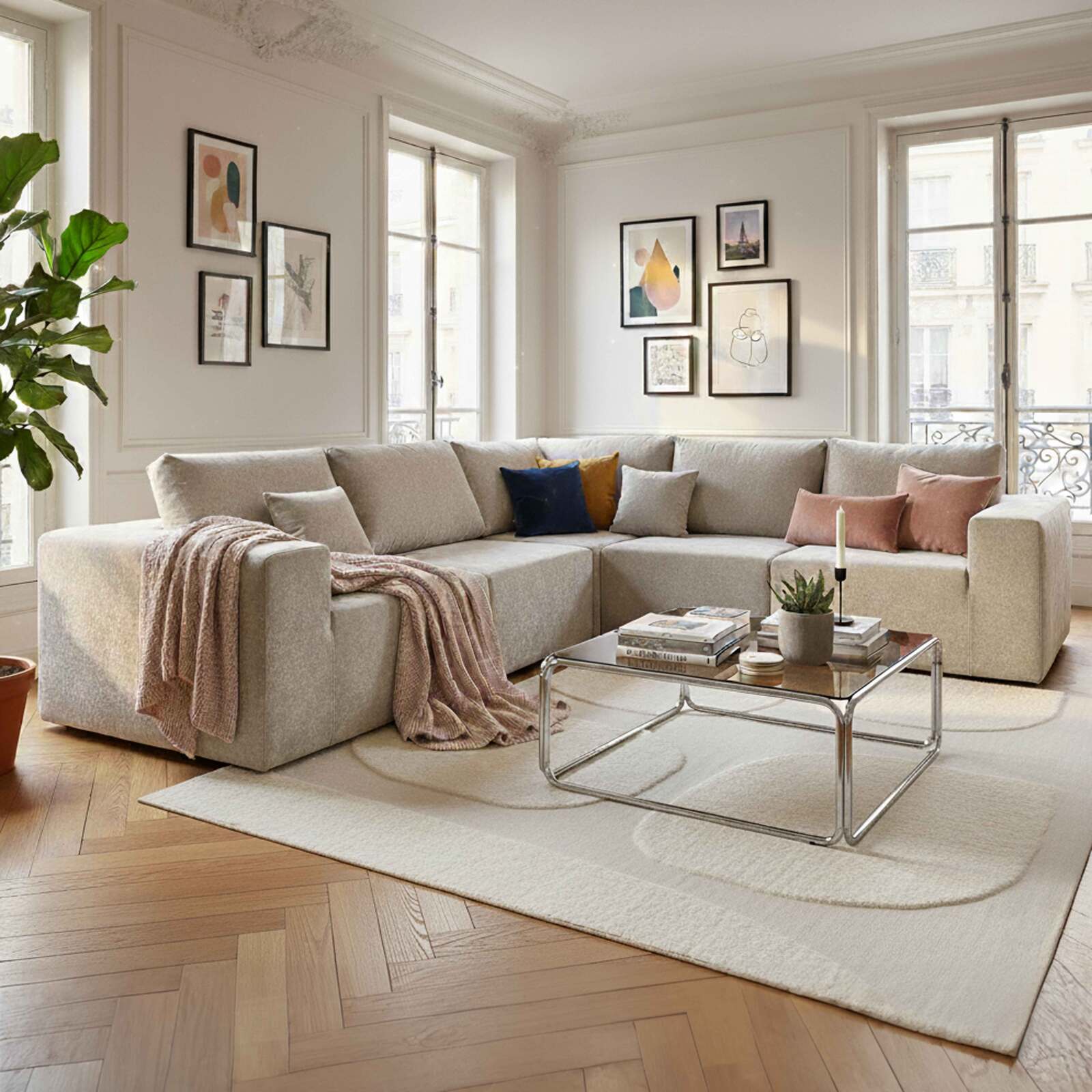 Sofá modular esquinero de 5 plazas de tela con cojines