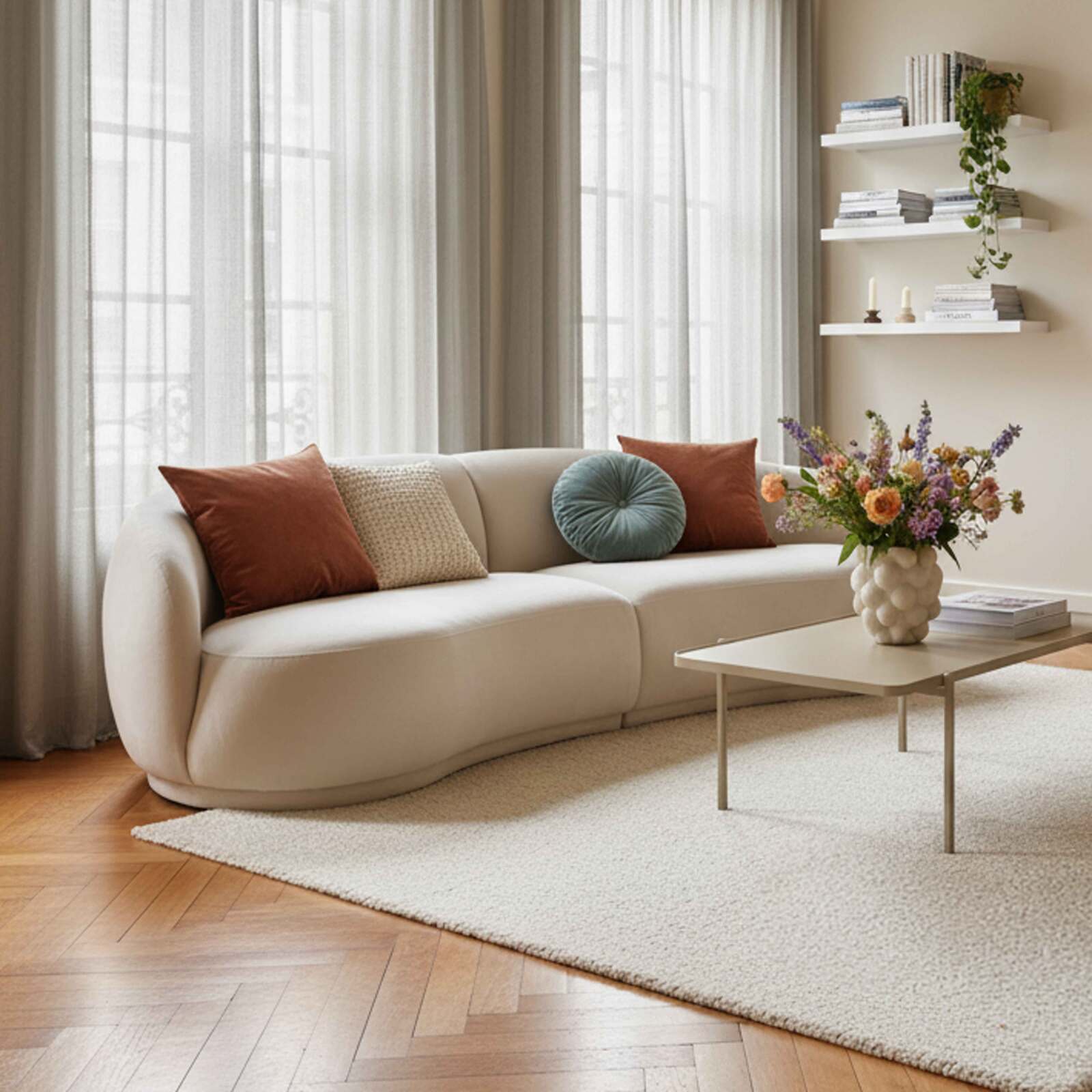 Sofá de 3 plazas de tela y madera FSC® beige de diseño Sofá de 3 plazas de tela y madera FSC® beige de diseño