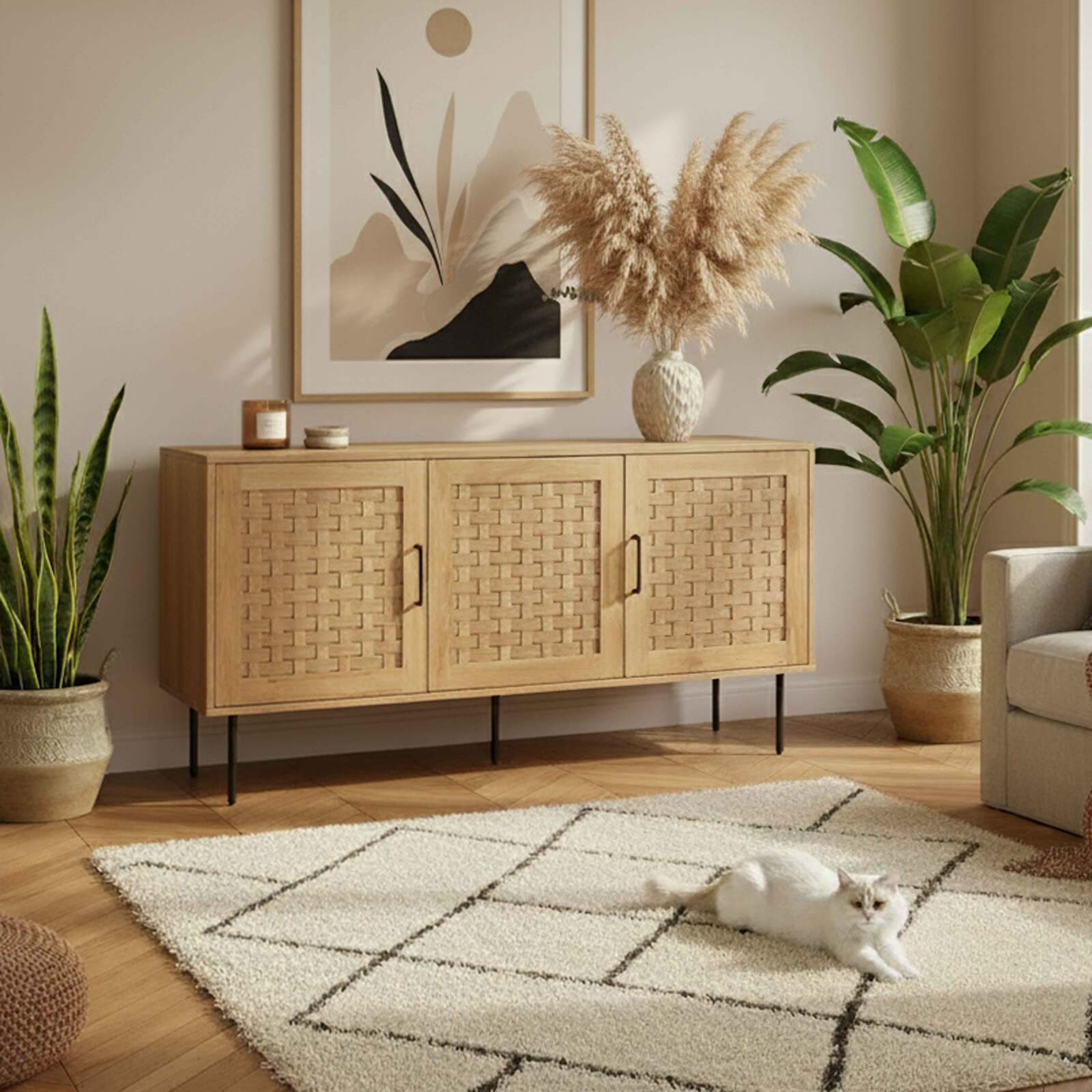 Aparador efecto madera 3 puertas 150 cm estilo boho Aparador efecto madera 3 puertas 150 cm estilo boho