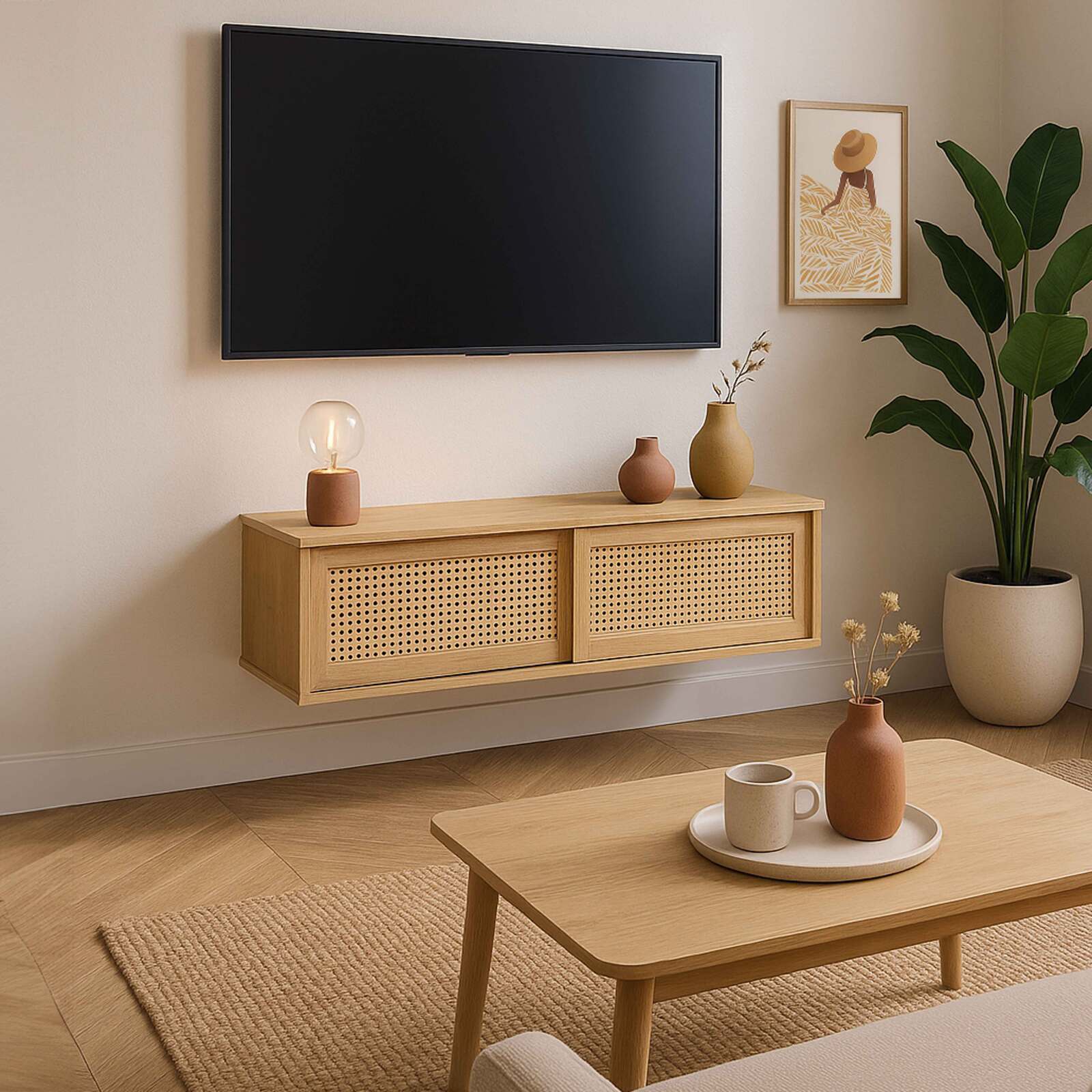 Mueble TV suspendido efecto madera 108 cm estilo boho