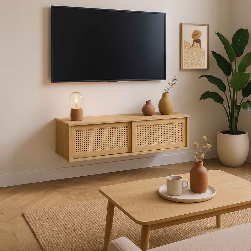 Mueble TV suspendido efecto madera 108 cm estilo boho