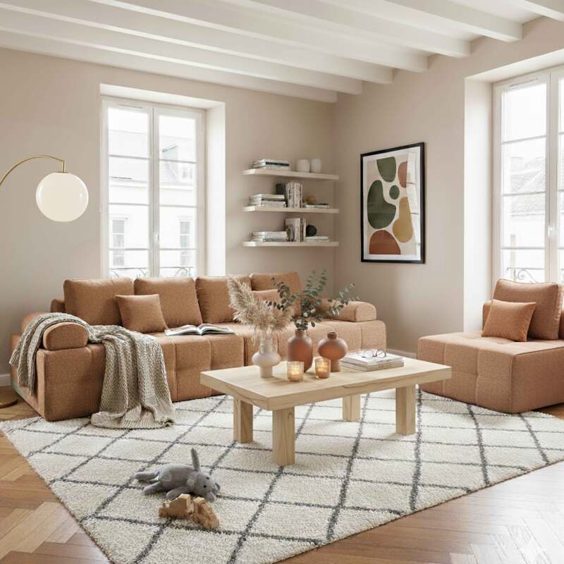 Sofá modular de 5 plazas de tela con cojines