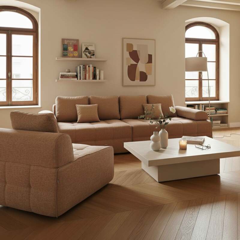 Sofá modular de 5 plazas de tela con cojines