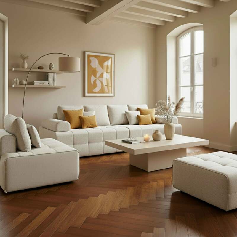 Sofá modular de 5 plazas de tela con puf y cojines