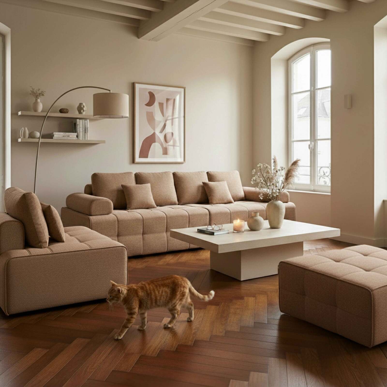 Sofá modular de 5 plazas de tela con puf y cojines