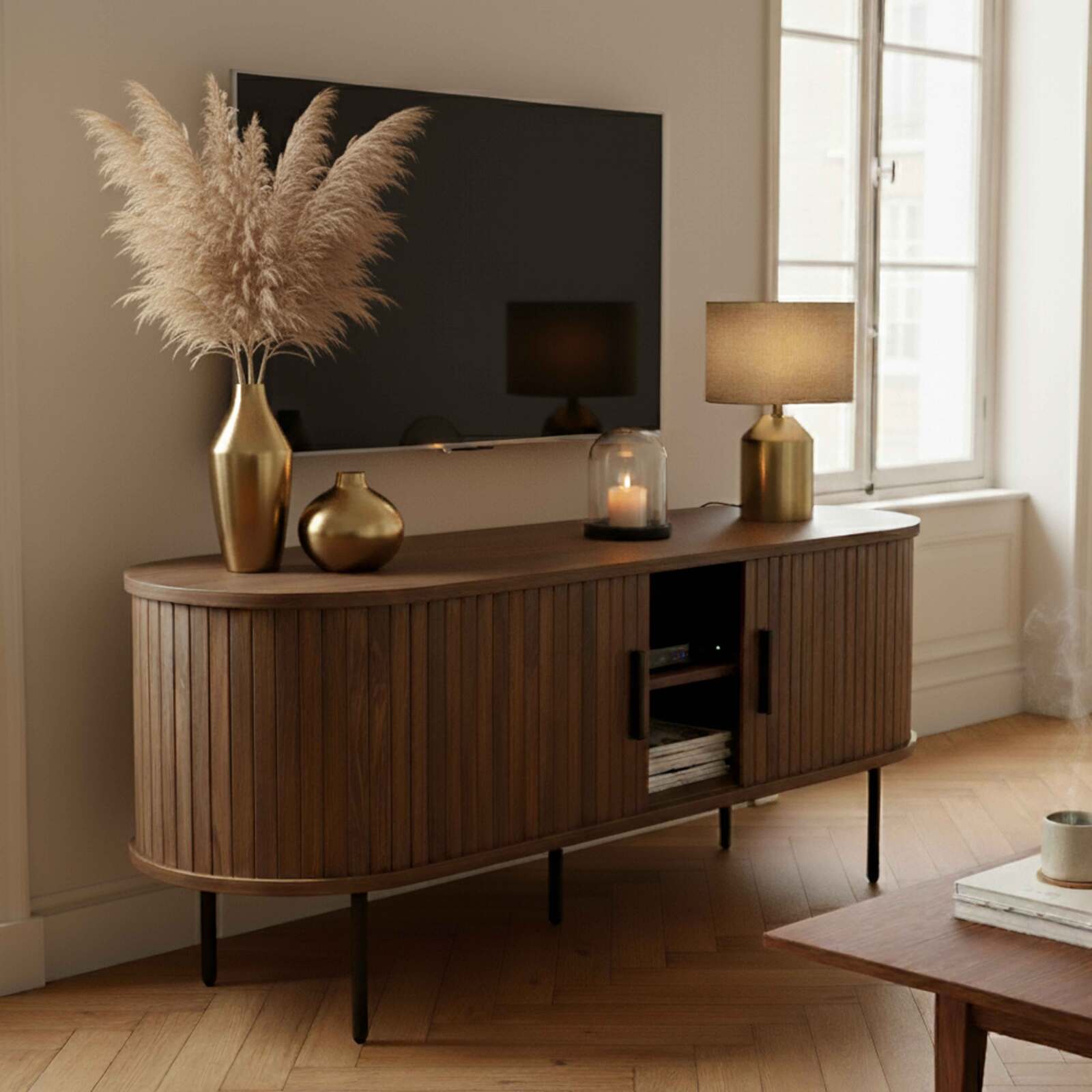 Mueble TV de efecto madera y metal 120 cm estilo boho