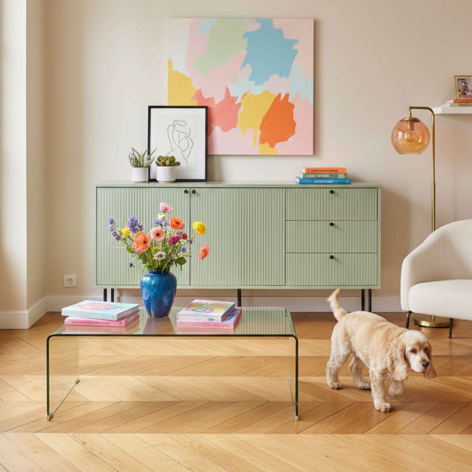 Aparador liso 2 puertas 3 cajones efecto lamas 150 cm