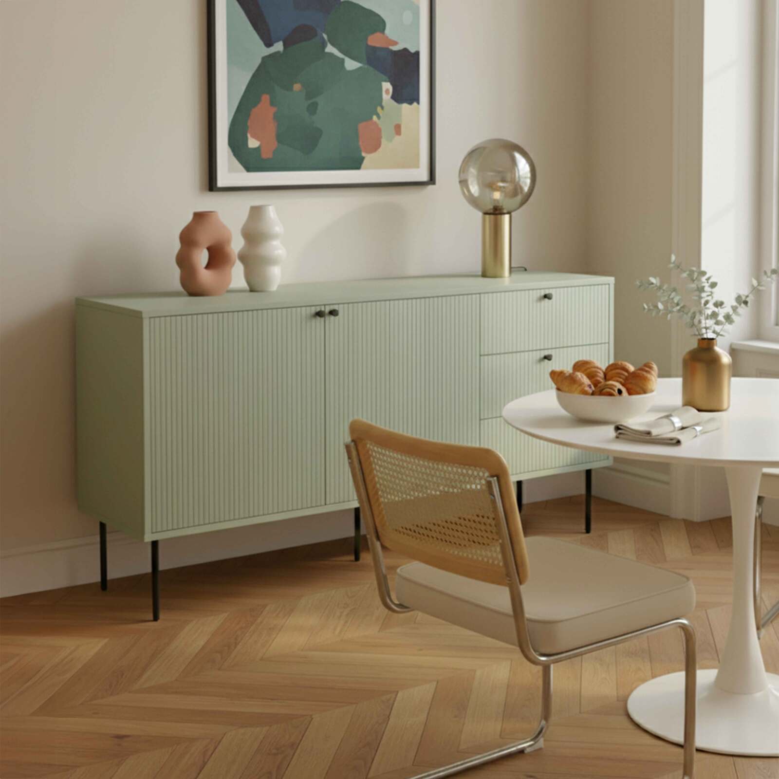 Aparador liso 2 puertas 3 cajones efecto lamas 150 cm