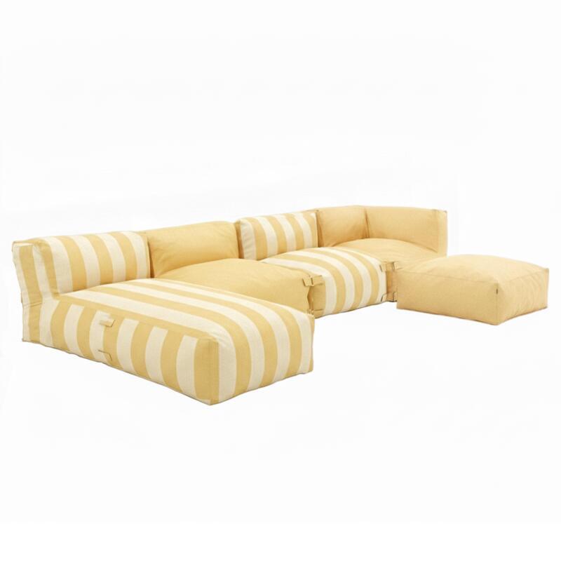 Sofá modular a rayas de exterior para 5 personas con 2 sillones bajo, 1 sillón esquinero, 1 tumbona y 1 puf
