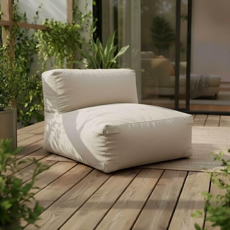 Sofá modular a rayas de exterior para 5 personas con 2 sillones bajo, 1 sillón esquinero, 1 tumbona y 1 puf
 (3/8)